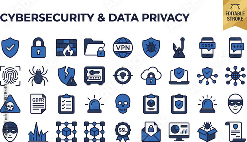 Cybersecurity Data Privacy Icon Set, Editable Stroke, Vector