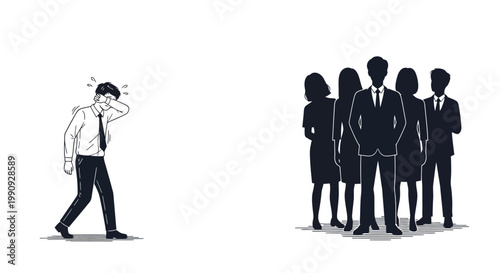 lonely businessman walking away from group of people with swirling thoughts