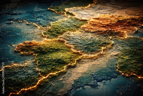 Abstract layered cartographic design featuring highlighted territorial lines