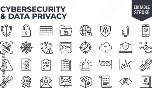  Cybersecurity Data Privacy Outline Icon Set, Editable Stroke, Vector