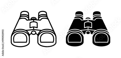 Binoculars line and solid silhouette icons set