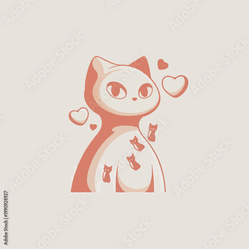 Kawaii Pink Kitten and Hearts Doodle Illustration