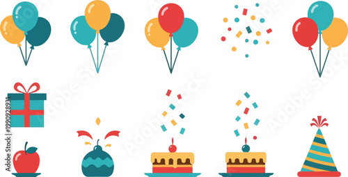 A colorful vector graphic illustration of party icons including balloons, gifts, cakes, and confetti