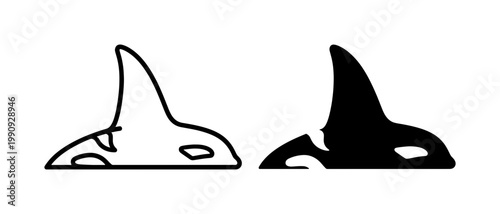 Orca Dorsal Fin Outline and Black Silhouette Icon Set