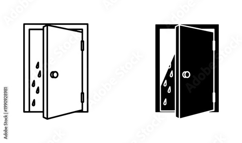 Open Door Icon Set with Rain Drops Outside