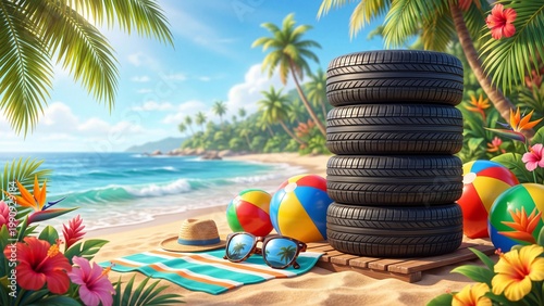 Stack of black car tires surrounded by colorful beach balls on tropical sandy shore. Palms flowers ocean backdrop with hat and sunglasses. Whimsical summer vacation and automotive fun concept