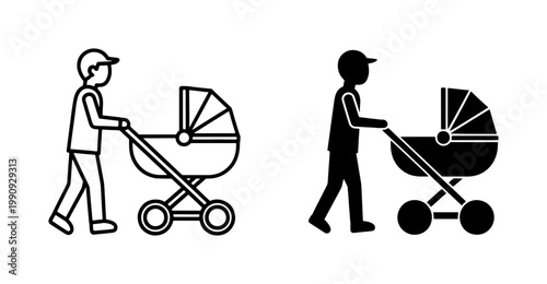 Father walking with baby stroller line and silhouette icon