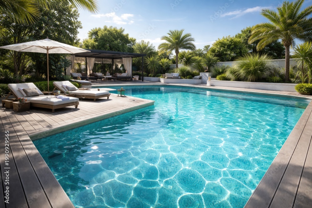 Fototapeta premium Relaxing swimming pool scene with transparent azure liquid and modern composite deck surroundings