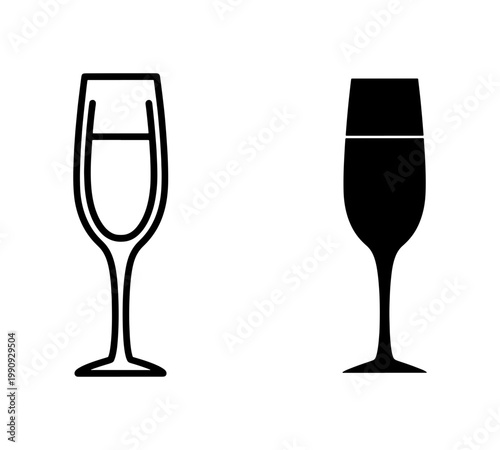 Champagne flute icon set with outline and solid silhouette