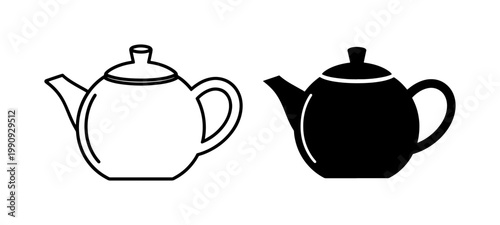 Teapot outline and solid black silhouette icon set