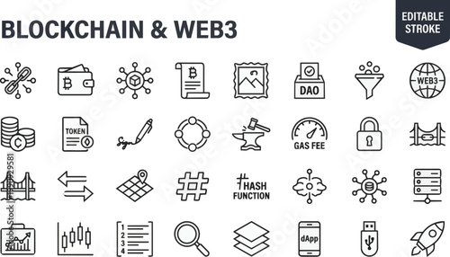  Blockchain Web3 Outline Icon Set, Editable Stroke, Vector