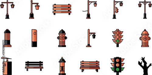 Urban city street element icon set featuring street lights, benches, traffic lights, and fire hydrants.