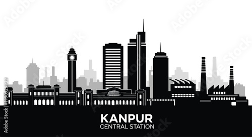 Black silhouette of Kanpur cityscape with Central Station in a simple graphic illustration against a white background.