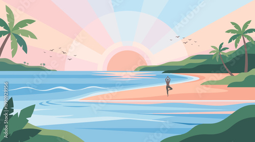 A woman's silhouette in a yoga pose on a tropical beach at sunrise. This serene vector landscape promotes wellness, meditation, and a healthy lifestyle.
