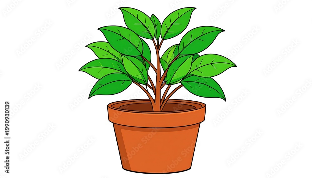Fototapeta premium A vibrant illustration depicts a leafy green plant flourishing in a terracotta pot, a simple cartoon-style rendering against a white backdrop
