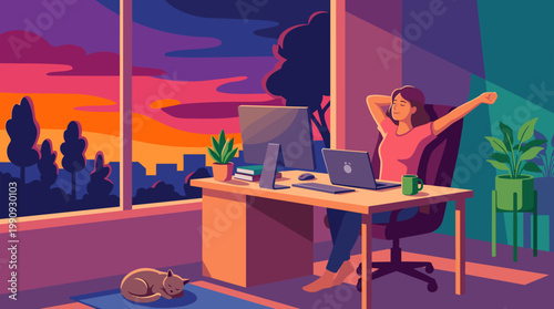 Vector illustration of a woman relaxing at her desk after a remote workday. Concept for work-life balance, freelance lifestyle, and home comfort at sunset.