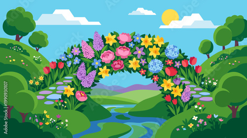 A vibrant illustration of a spring landscape with a floral arch. A joyful and idyllic scene perfect for greeting cards, banners, and seasonal designs.