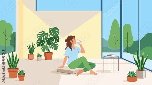 A woman sits in a sunlit room with plants, drinking water. A calm scene representing a healthy lifestyle, hydration, mindfulness, and relaxation at home.