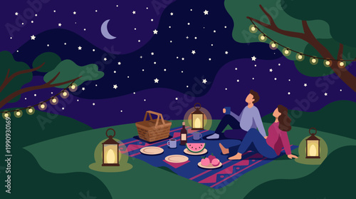 A couple enjoying a romantic picnic at night. A man and woman sit on a blanket under a starry sky with lanterns and food. Vector illustration.