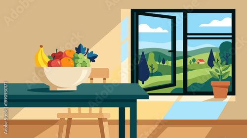 Vector illustration of a sunny room with a fresh fruit bowl by an open window. A peaceful scene of a cozy home, ideal for healthy living concepts.