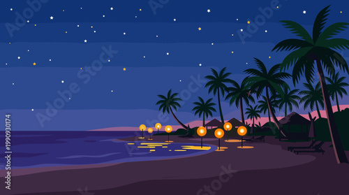 A serene vector illustration of a tropical beach at night. The starry sky, palm trees, and glowing lanterns create a peaceful, romantic vacation mood.