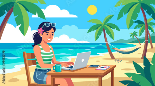 Happy woman works on her laptop at a tropical beach. Concept of digital nomad lifestyle, remote work, freelancing, and dream job on vacation.