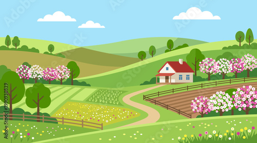 Idyllic rural landscape with a farmhouse, green fields, and blooming trees. Vector illustration of a peaceful spring countryside scene for ecology or travel.