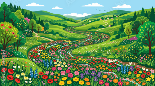 A vibrant, idyllic cartoon landscape with rolling green hills and a fantasy river of colorful flowers. Perfect for spring, nature, or fairytale themes.