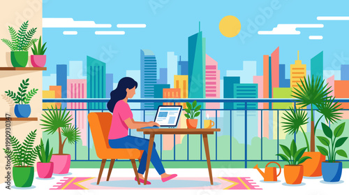 Woman working remotely on a laptop from her city balcony. A modern home office concept with a skyline view, illustrating a freelance lifestyle.