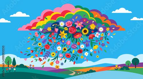 Colorful cloud raining flowers over a fantasy landscape. This vibrant flat vector illustration symbolizes joy, abundance, spring, creativity, and new beginnings.