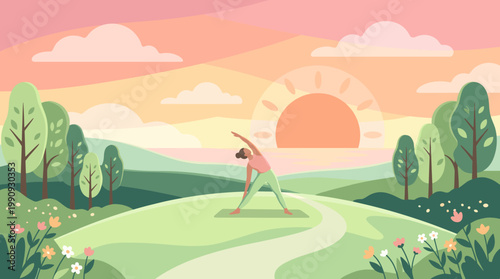 Woman practicing yoga in a serene spring park at sunrise. Vector illustration for wellness, mindfulness, healthy lifestyle, and harmony with nature.