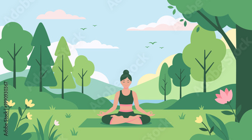 A woman meditates in a lotus pose in a peaceful park. This vector illustration represents wellness, mindfulness, and a healthy lifestyle in nature.