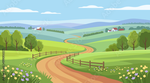 A beautiful summer landscape with green hills, a winding road, and farm houses. A serene, idyllic cartoon vector illustration for travel or nature concepts.