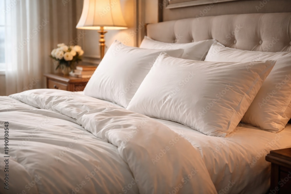 Obraz premium Comfortable bed with pristine white pillows in a tranquil bedroom setting exuding elegance