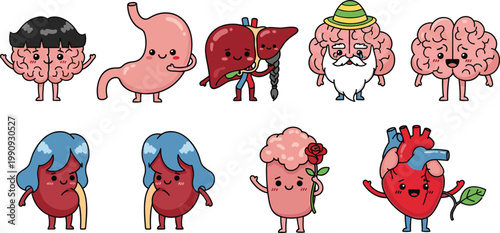 Cute Human Organs Cartoon Characters Set with Brain, Heart, Liver, Kidney, and Stomach, Funny Medical Anatomy Mascot Vector Illustrations Collection