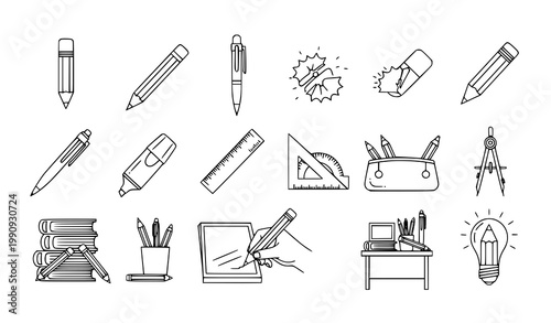 Writing tools pencil icon set vector outline stationery illustration