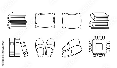 Books pillows slippers computer chip icon set vector black white illustration