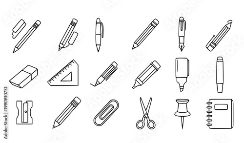 Writing tools icon set vector pencils pens stationery outline illustration