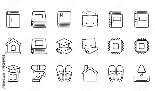 Black white icon set books pillows slippers computer chip vector