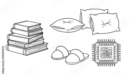 Object icon set vector books pillows slippers chip black white