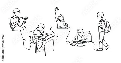 Continuous Line Drawing of Students Studying in Classroom with Boy Reading Girl Raising Hand and Schoolboy with Backpack
