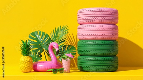 Surreal tropical pineapple flamingo float and cocktail with stacked colorful tires on yellow background. Whimsical summer beach automotive fusion concept for creative advertising and design
