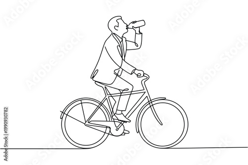 Man in suit drinks from bottle while riding bicycle on transparent background.