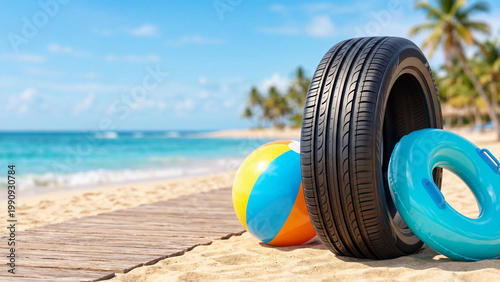 Car tire with beach ball and inflatable ring on tropical beach. Summer vacation symbols from road travel to seaside fun. Relaxation and adventure in paradise concept
