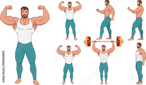 Strong Bodybuilder Man Vector Character Set Posing and Lifting Barbell Weights for Fitness Gym Training Workout Posters and Healthcare Related Digital Media Designs