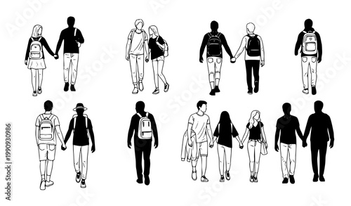 Couples holding hands vector set travel backpack hiking illustration