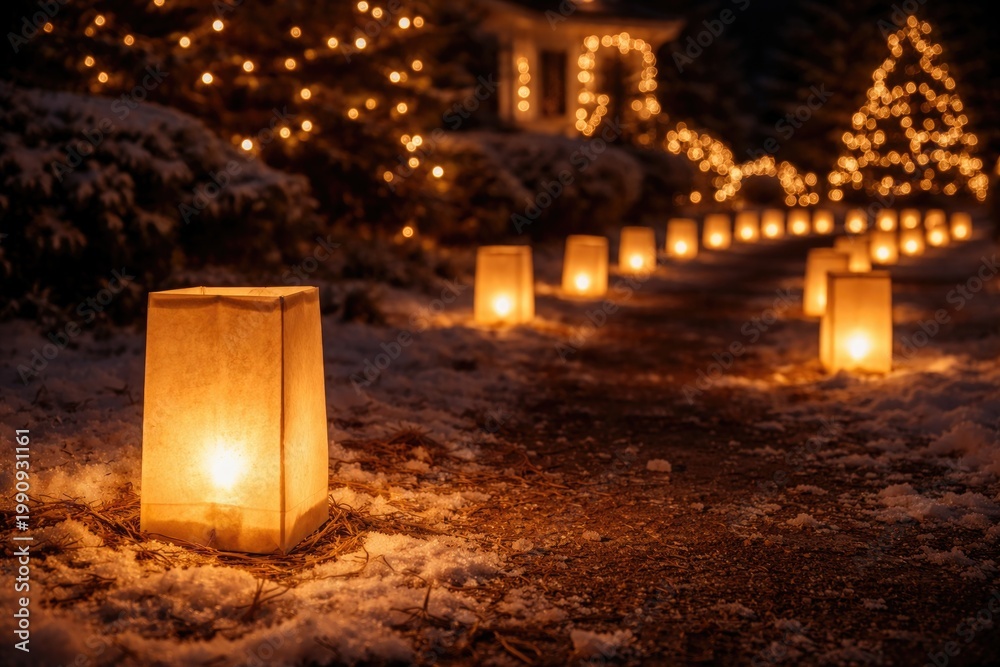 Fototapeta premium Traditional Christmas Eve luminarias arranged neatly with copy space