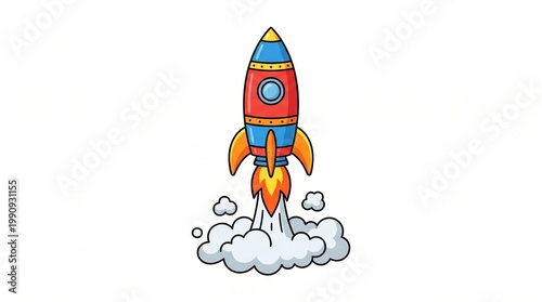 clipart illustration of a single rocket ship launching upward with small smoke clouds, simple geometric shapes, bold clean outline, bright flat colors, minimal shading, centered composition
