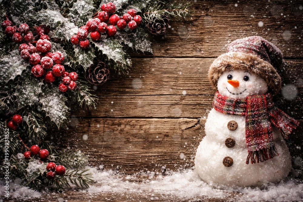 Fototapeta premium Rustic Christmas backdrop featuring frost covered holly berries and a snowman on weathered wood for festive seasonal messaging