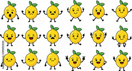Cute lemon emoji characters vector set with many facial expressions, kawaii citrus fruit mascots for stickers, apps, children designs, and social media